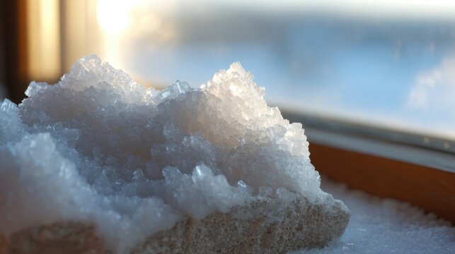 Rough crystalline cluster of gypsum selenite mineral formation with sunlight.