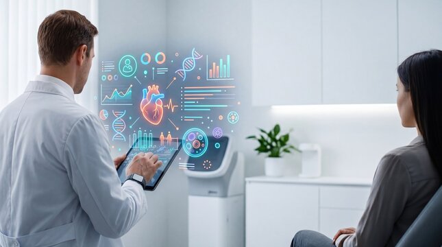 Male doctor showing futuristic holographic medical data to female patient in modern clinic using tablet computer with health analytics