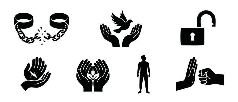 Human Rights Freedom Icon Set, Liberation and Justice Symbols, Peace Dove and Broken Chains Collection for Social Equality Campaigns, Non-Violence Protest Graphics and Civil Liberty Design Elements