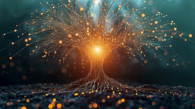 成長と接続を象徴する発光ネットワーク球、穏やかな光に包まれて