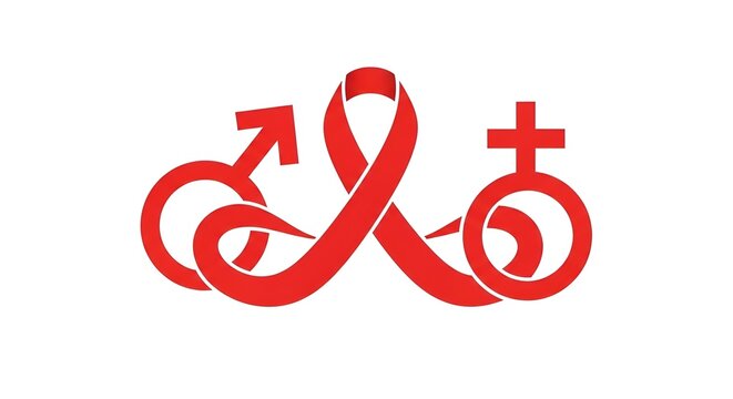 Red Ribbon with Male and Female Symbols, HIV Awareness