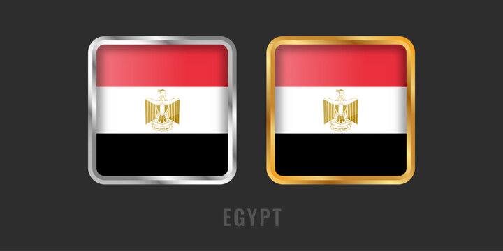High-quality square gold and silver labels featuring the flag of Egypt. Professional metallic icons for Egyptian products, exports, and manufacturing origin certification