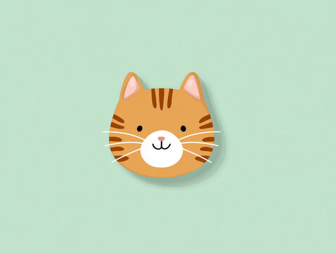 Cute flat vector illustration of a cartoon tabby cat head sticker on a pastel green background