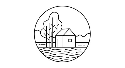 Fototapeta premium Minimalist Line Art House and Trees in Circular Frame