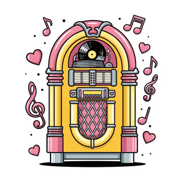 Retro Jukebox with Hearts and Music Notes, Vintage Music Player
