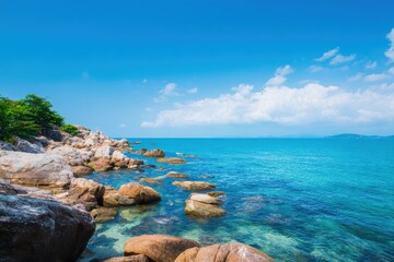 Obraz premium 岩だらけの海岸と澄んだ青い海のある晴れたビーチ