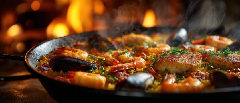 Close up of steaming seafood paella in a traditional pan with a fireplace in the background spanish food