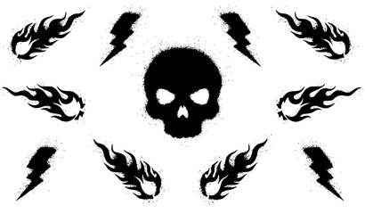 Graffiti spray skull flame and flash vector set with black street art elements isolated on white background © Romjan