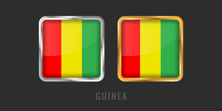 Premium square gold and silver metallic labels with the flag of Guinea. High-quality emblems for Guinean products, export certification, and West African pride.