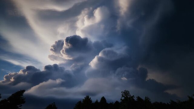 Powerful and dramatic storm clouds gather in a twilight sky, illuminated by a break of light, creating an awe-inspiring and foreboding natural spectacle over a silhouetted treeline