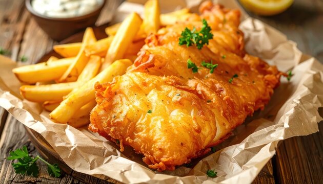Delicious Golden Fried Fish and Chips Served on Rustic Paper.