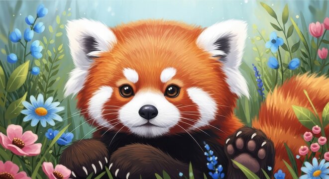 Charming red panda portrait a beautiful illustration of the firefox bear amidst vibrant floral blooms