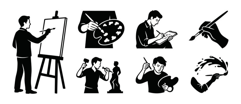 Artist painting sculpture drawing icons set, creative studio tools for designers and illustrators, black and white minimal vector silhouettes depicting various creative professional processes and hobb