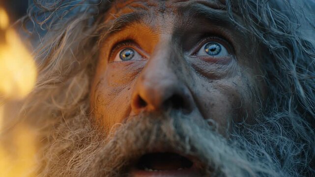 Dramatic biblical scene of moses and burning bush concept. Close-up portrait of an elderly man with expressive blue eyes and long gray hair in warm and cool lighting