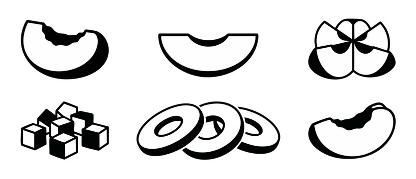 Fruit icon set black and white vector illustration, melon slices, apple wedges, pineapple rings and sugar cubes for healthy food menu design elements, culinary ingredients graphic collection isolated.