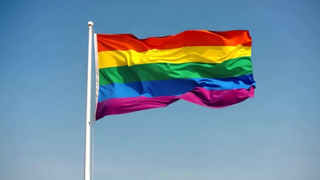 Rainbow pride flag waving on white pole against clear blue sky in slow motion cinematic footage.