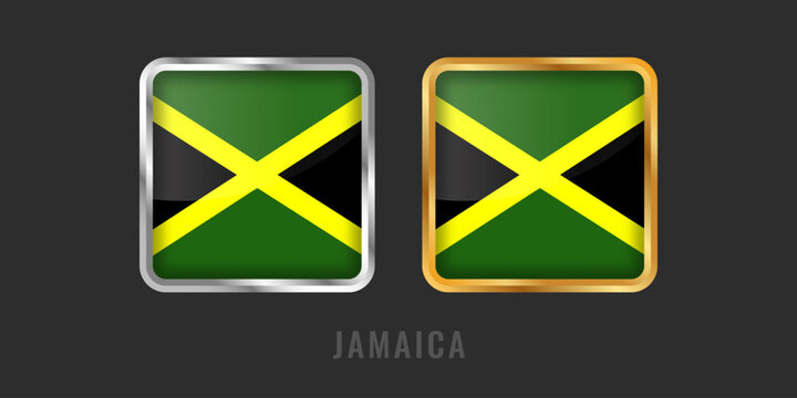 Professional square gold and silver labels with the flag of Jamaica. High-quality Jamaican icons for exports, local products, and manufacturing origin certification.