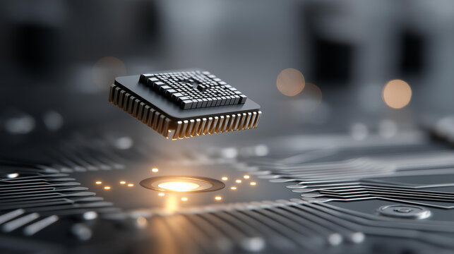 Close-up view of a glowing microchip floating above a circuit board with a soft blurred background, semiconductor levitation concept, with copy space
