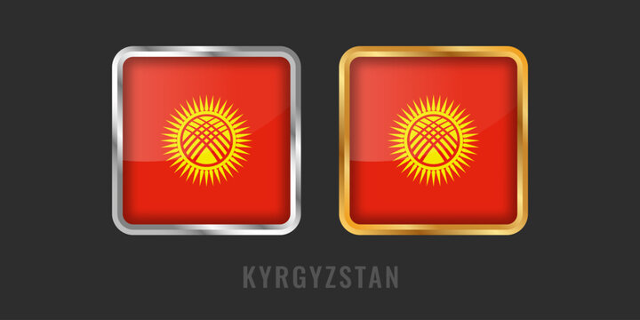 High-quality square gold and silver labels with the flag of Kyrgyzstan. Premium Kyrgyz icons for exports, products, and manufacturing origin certification