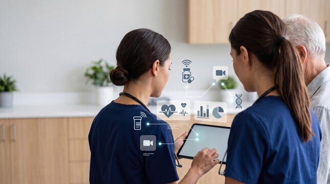 Future of healthcare telemedicine consultation with smart devices medical professionals using tablet for diagnosis patient care technology interface elderly senior at hospital