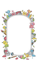 Obraz premium Colorful artistic frame with paint buckets, brushes, and splashes.