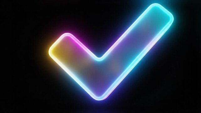Neon Light Checkmark Animation: Fluid Colorful Abstract Shape on Black Background, Digital Design Symbol