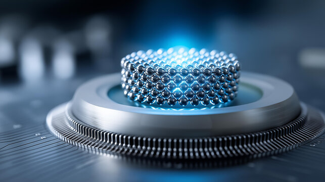 Abstract visualization of a quantum computing processor with entangled glowing particles above a chip surface, next-generation technology concept, with copy space