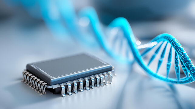 Futuristic medical microchip with glowing blue DNA strands on a clean white surface, biotech and digital health concept, with copy space