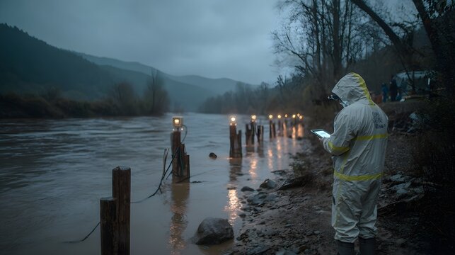 IoT-enabled flood monitoring system shows weatherproof sensors on posts with technician viewing updates.