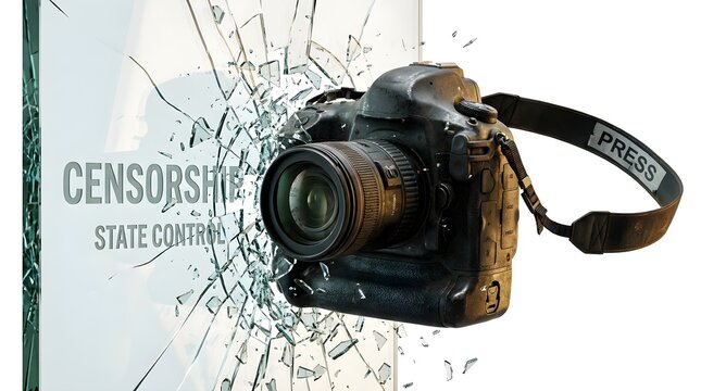 Censorship and state control concept with professional camera smashing through glass, press freedom and media suppression imagery, broken glass shards from impact on journalism equipment