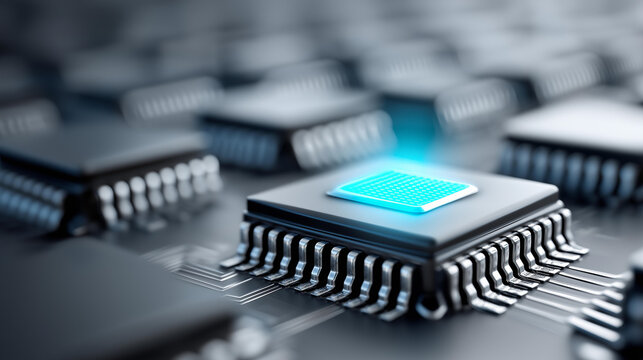 Close-up of numerous computer chips in rows with one glowing blue chip standing out, technology differentiation concept, semiconductor visualization, with copy space