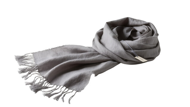 Soft gray cashmere scarf with fringed ends and label tag
