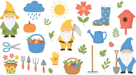 Obraz premium Set of gardening gnome vector illustrations with garden tools, plants, flowers, and outdoor elements for gardening and nature projects