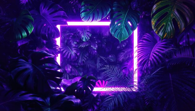 Tropical foliage frames a glowing neon square for vibrant event invitations, futuristic presentations, or immersive digital art projects.