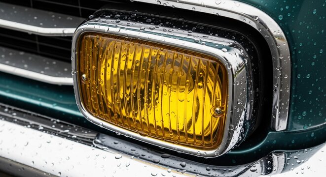 Yellow vintage car fog light covered with fresh raindrops on chrome bumper during rainy day