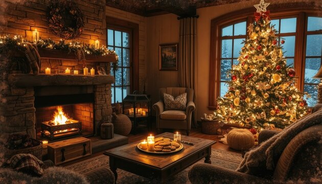 Cozy fireplace and decorated tree evoke warmth for holiday celebrations and winter scenes.