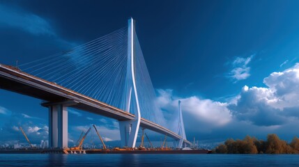 Fototapeta premium A cable-stayed bridge extends over calm water under a dramatic blue sky with clouds, with construction cranes and trees visible nearby.