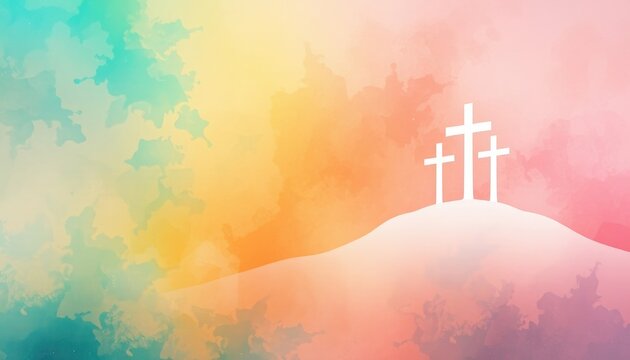 Three Crosses on a Hill with Watercolor Wash Background for Worship Services and Religious Events