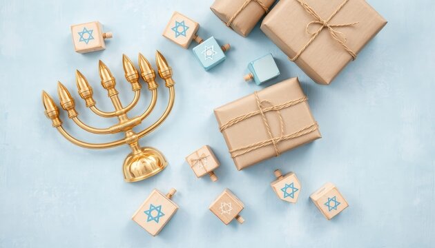 Celebratory tradition with a menorah, spinning tops, and gifts for festive occasions