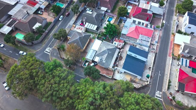 An aerial view over a middle class residential area.