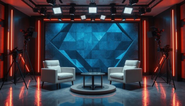 Modern television studio set with two armchairs and advanced camera equipment ready for interviews or broadcasts