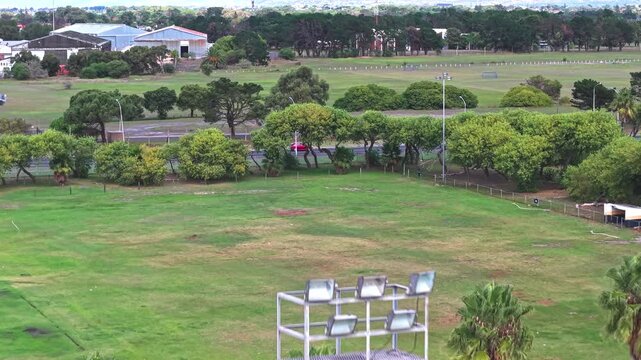 Aerial shot of floodlight at a sports field.