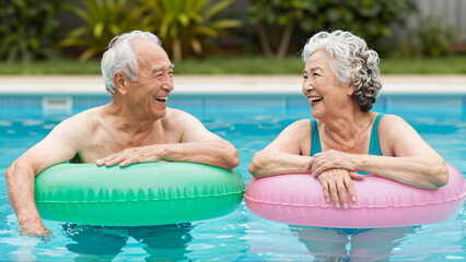 Fototapeta premium A joyful senior asian couple laughs while floating in a swimming pool with a colorful float. They enjoy an active retirement lifestyle during a summer vacation at a luxury resort