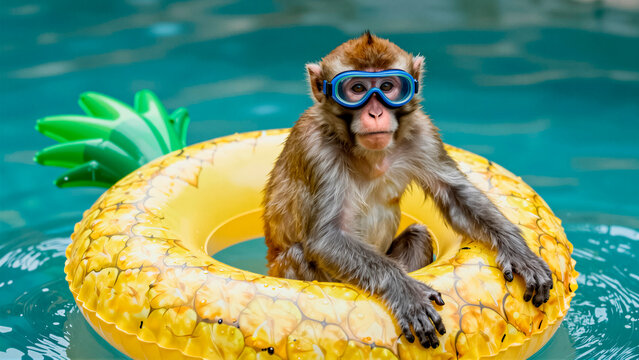 Funny monkey wearing a blue swimming goggle while relaxing in a pineapple inflatable ring. This cute primate enjoys a summer vacation in a turquoise swimming pool