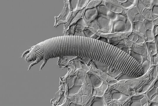 Scanning electron microscope style view of an eriophyid gall mite emerging from plant cellular tissue