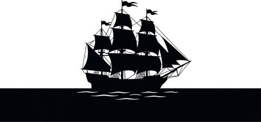 Silhouette of a majestic sailing ship on a dark wavy sea © Nahid