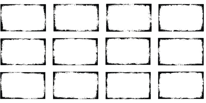 Set of black rectangular frames with distressed grunge edges and rough textures