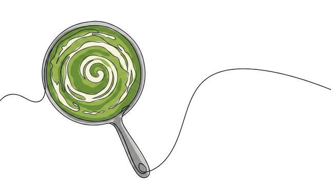 Minimalist continuous line drawing of green pea soup in cooking pan.