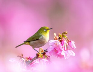 Fototapeta premium Abstract illustration of cute little animals on a cherry blossom branch.