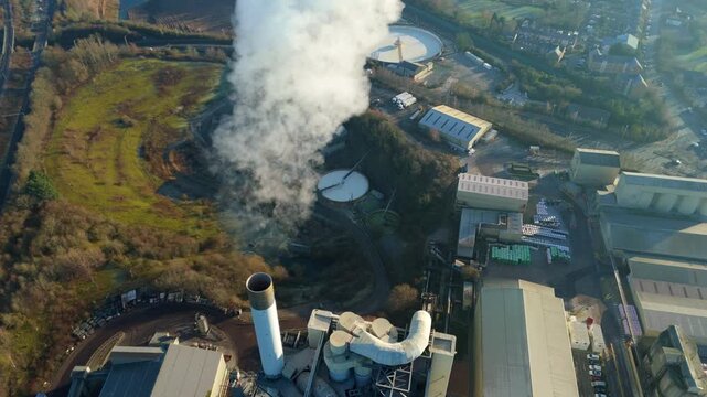 Aerial view of the distribution area and truck loading bays at the Rugby Cement factory site.